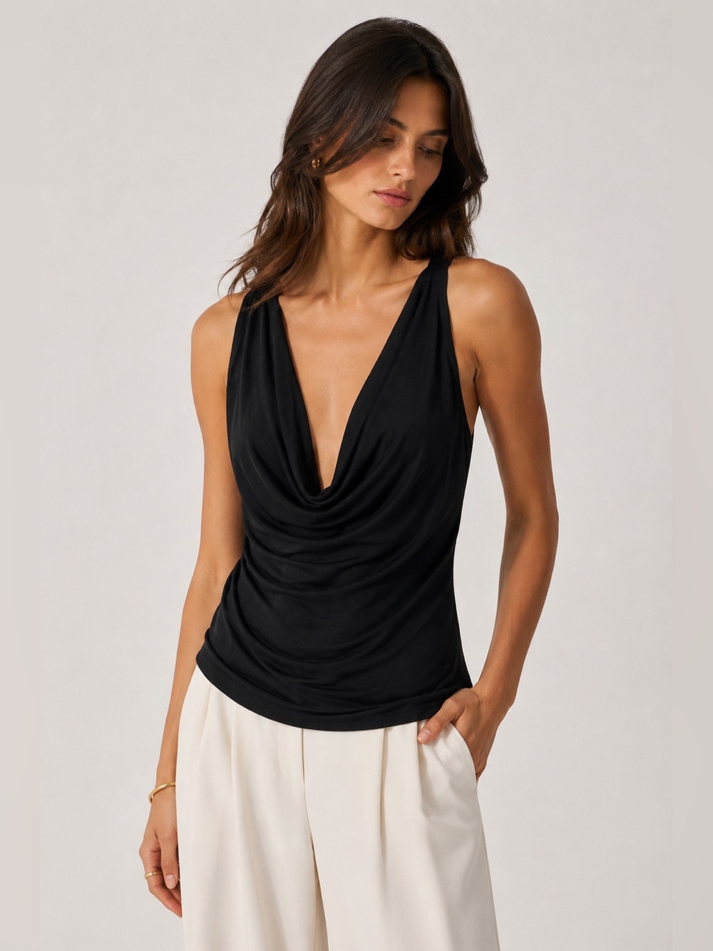 Bella Luxx Los Angeles Modal Silk Cowl Neck Tank Black Navy Sleeveless Top